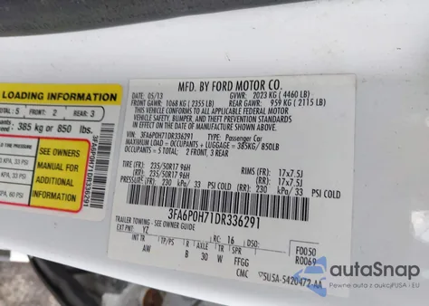 2013 Ford Fusion Se z USA, uszkodzony, nr VIN 3FA6P0H71DR336291